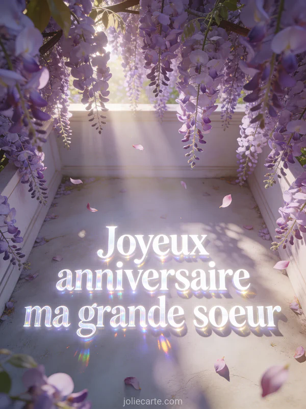 Cascade de fleurs de glycine mauve et lilas retombant comme un rideau avec rayons de soleil filtrants