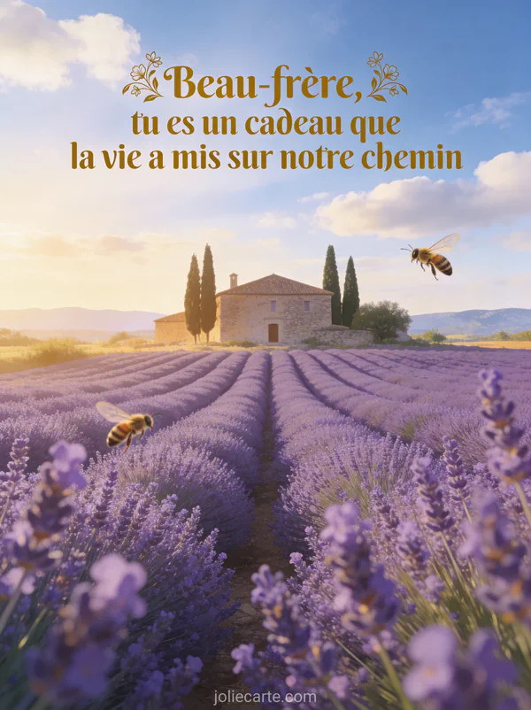 Champ de lavande provençal en rangées violettes avec mas en pierre au loin, cyprès et lumière dorée