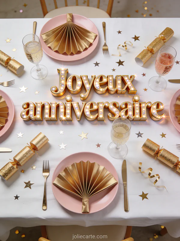 Table de fête vue du dessus avec assiettes roses, serviettes dorées, verres pétillants et confettis étoiles