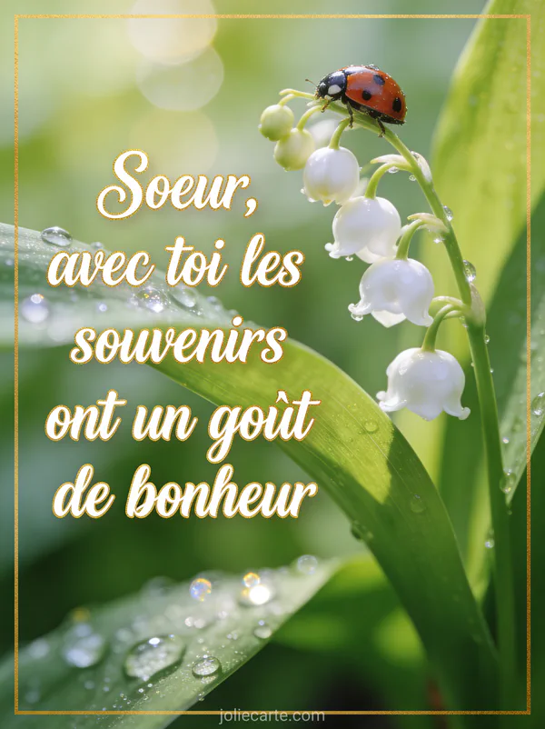 Coccinelle posée sur un brin de muguet avec clochettes blanches et gouttelettes de rosée en gros plan macro