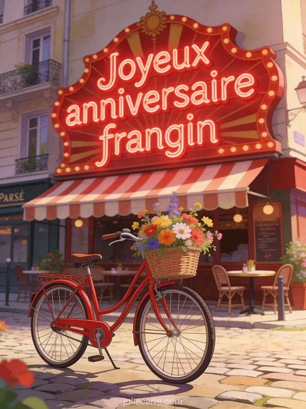 Vélo vintage rouge avec panier de fleurs sauvages devant un café parisien avec terrasse et stores rayés