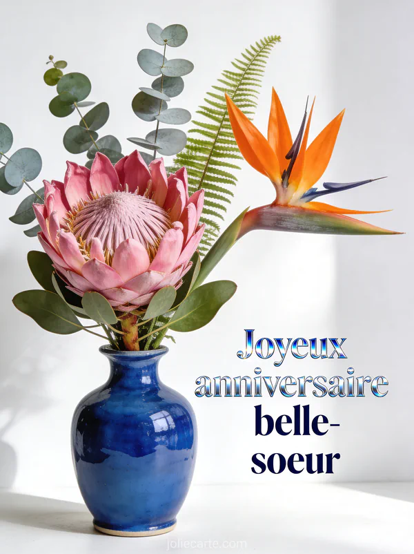 Bouquet de protea rose, strelitzia orange, eucalyptus et fougères dans un vase en céramique bleu cobalt