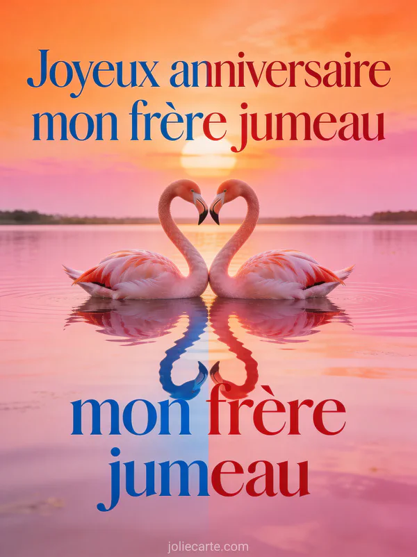 Deux flamants roses identiques formant un cœur avec leurs cous sur un lac rose au coucher du soleil