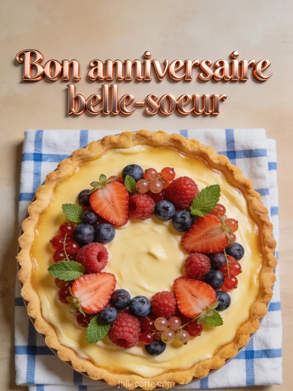 Tarte aux fruits d'été vue du dessus avec fraises myrtilles framboises groseilles en rosace sur crème dorée