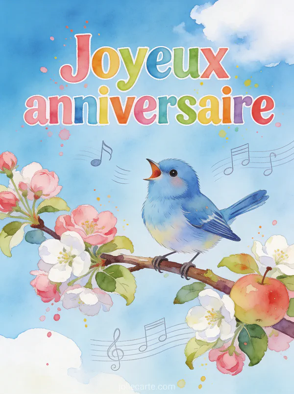 Mésange bleue chantant sur une branche de pommier en fleurs roses et blanches avec notes de musique