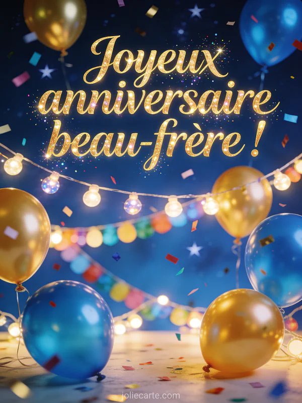 Carte joyeux anniversaire beau-frère avec ballons dorés confettis et guirlandes lumineuses sur fond bleu nuit