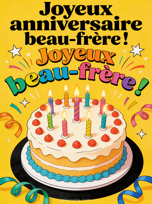 Carte anniversaire beau-frère humoristique avec gâteau décoré bougies allumées et serpentins colorés