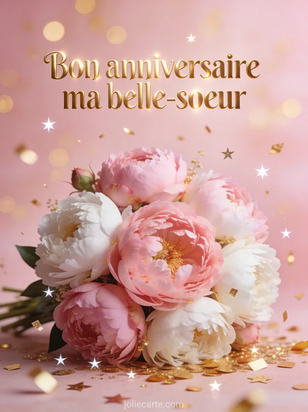 Bouquet de pivoines roses et blanches avec confettis dorés et le texte Bon anniversaire ma belle-sœur en lettres dorées