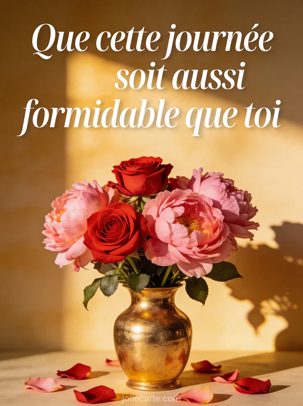 Carte anniversaire beau-frère avec bouquet de roses rouges et pivoines roses dans un vase doré ambiance chaleureuse