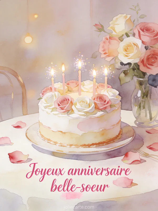 Gâteau d'anniversaire décoré de roses en crème avec bougies scintillantes et pétales en illustration aquarelle