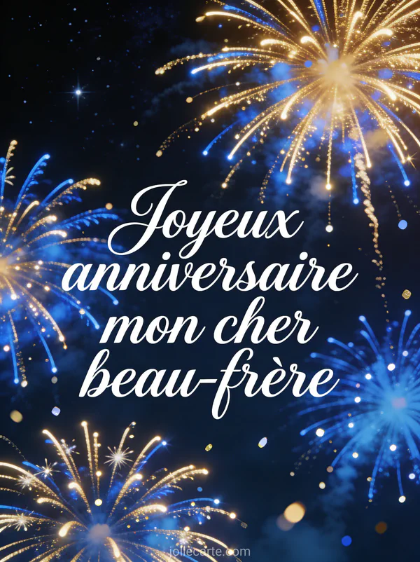 Carte anniversaire cher beau-frère avec feux d'artifice dorés et bleus dans un ciel étoilé et étincelles