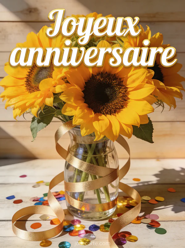 Bouquet de tournesols dans un vase en verre avec rubans dorés et confettis colorés sur fond de bois clair
