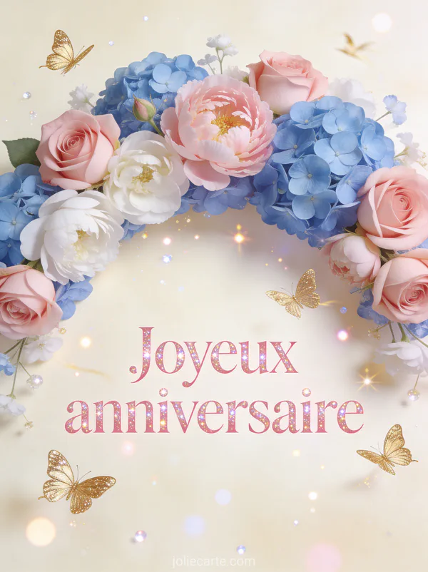 Arc de roses pivoines et hortensias avec papillons dorés et le texte Joyeux anniversaire en lettres roses pailletées