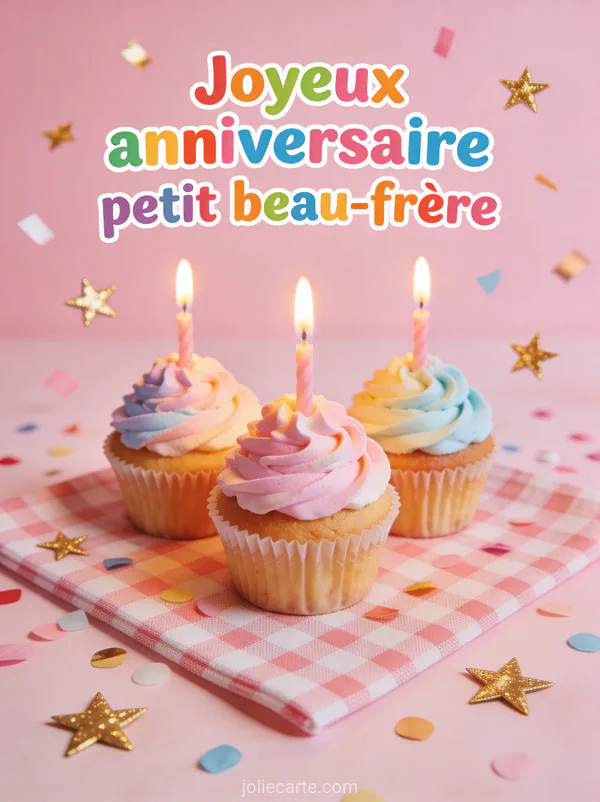 Carte anniversaire petit beau-frère avec cupcakes décorés bougies allumées confettis et étoiles dorées
