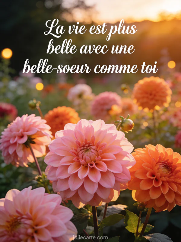 Jardin de dahlias roses et orangés baignés de lumière dorée avec texte manuscrit La vie est plus belle avec une belle-sœur comme toi