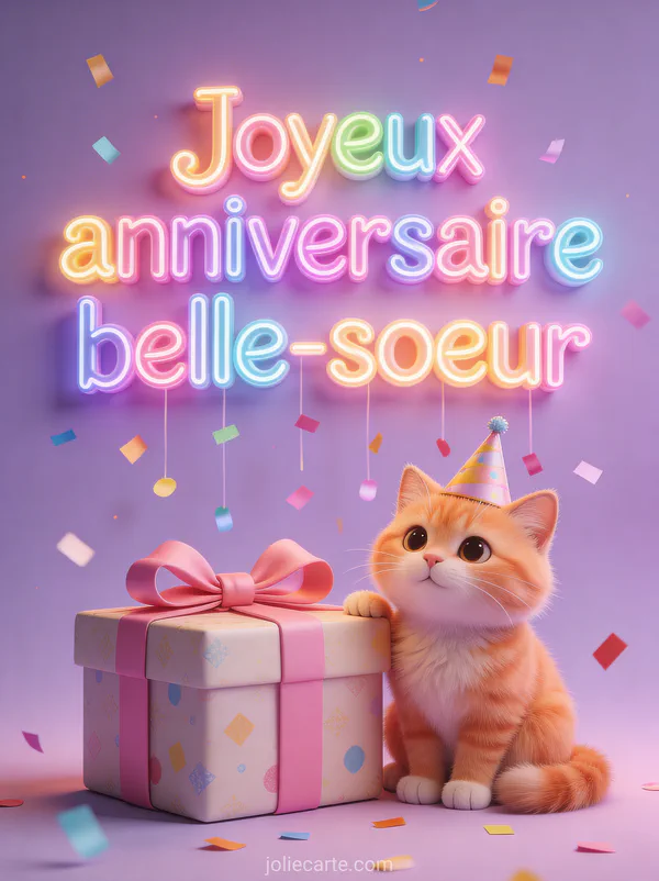 Chat roux avec chapeau de fête à côté d'un cadeau rose et confettis multicolores illustration 3D joyeuse