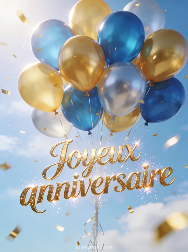 Bouquet de ballons colorés bleu or et argent avec confettis dorés et le texte Joyeux anniversaire
