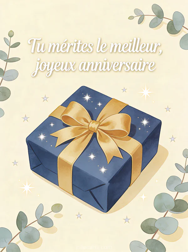 Carte texte anniversaire beau-frère avec cadeau emballé bleu nuit noeud doré étoiles et eucalyptus