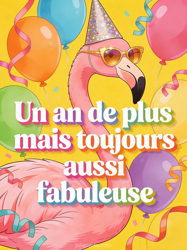 Flamant rose avec lunettes de soleil dorées et chapeau de fête entouré de ballons et serpentins sur fond jaune