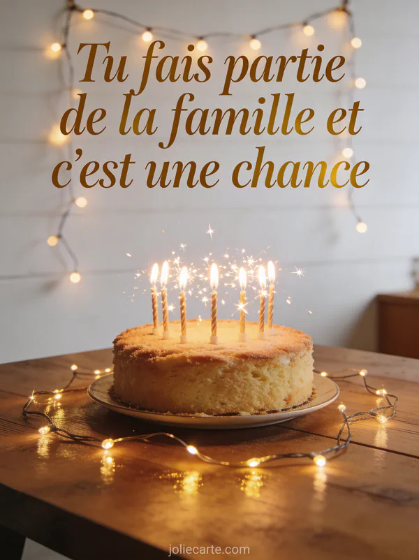Gâteau d'anniversaire avec bougies scintillantes sur table en bois et le texte Tu fais partie de la famille