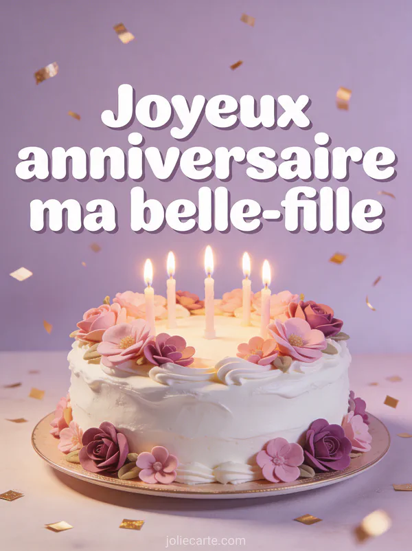Gâteau d'anniversaire décoré de fleurs roses et mauves avec bougies et confettis dorés joyeux anniversaire ma belle-fille