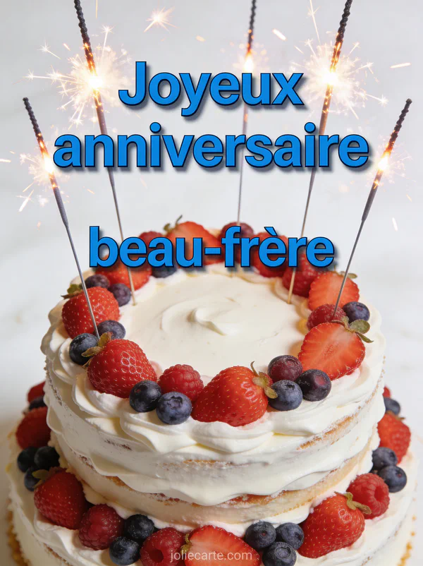 Carte anniversaire beau-frère avec gâteau à étages fruits rouges crème blanche et sparklers étincelants