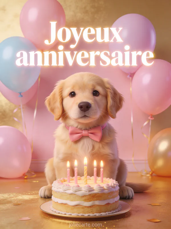 Chiot golden retriever avec nœud papillon rose devant un gâteau d'anniversaire et ballons pastel illustration 3D