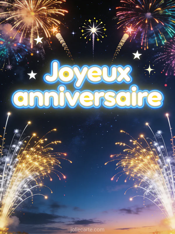 Feu d'artifice multicolore éclatant dans un ciel étoilé avec le texte Joyeux anniversaire en néon lumineux