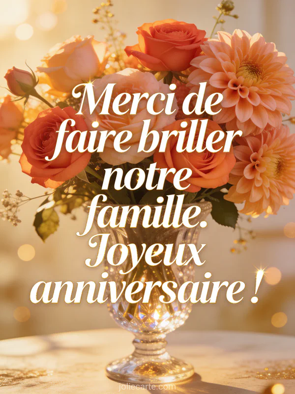 Arrangement de roses corail et dahlias pêche dans un vase en cristal avec le texte Merci de faire briller notre famille