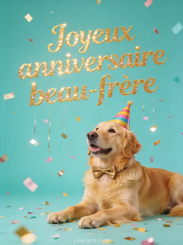 Gif anniversaire beau-frère avec golden retriever portant un chapeau de fête et confettis colorés