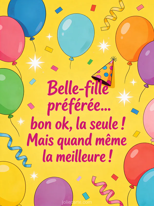 Ballons multicolores et confettis avec chapeau de fête et le texte humoristique Belle-fille préférée la seule mais la meilleure