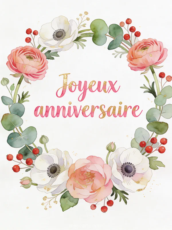 Couronne de renoncules roses anémones blanches et eucalyptus en aquarelle avec texte Joyeux anniversaire