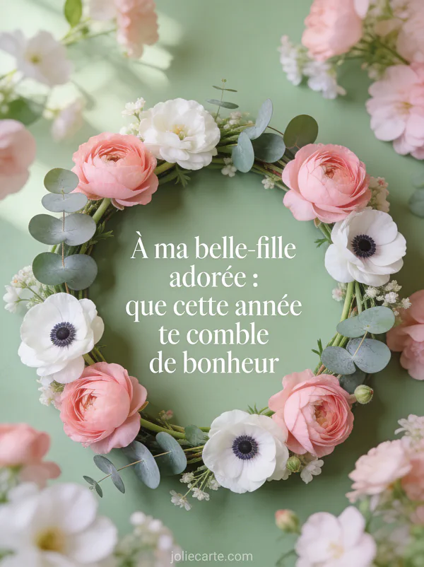 Couronne de renoncules roses et anémones blanches avec eucalyptus et le texte À ma belle-fille adorée que cette année te comble de bonheur