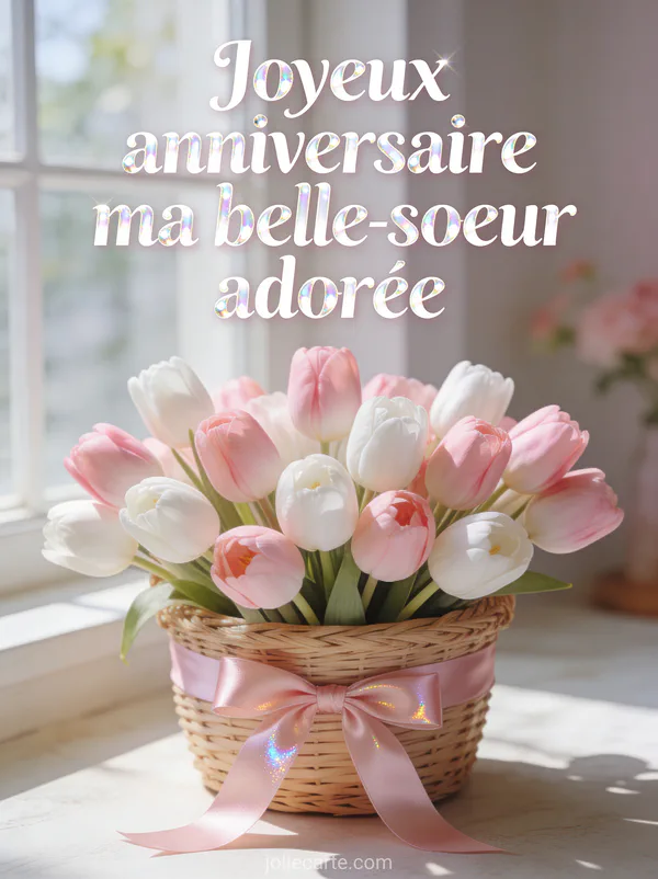 Panier en osier de tulipes roses et blanches avec ruban satin rose baigné de lumière naturelle