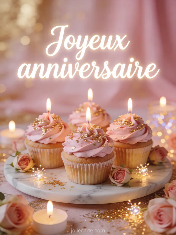 Cupcakes décorés de crème rose et paillettes dorées sur plateau en marbre avec roses et bougies