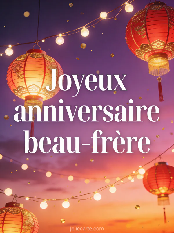 Carte anniversaire beau-frère avec lanternes rouges et dorées illuminées dans un ciel crépusculaire et guirlandes