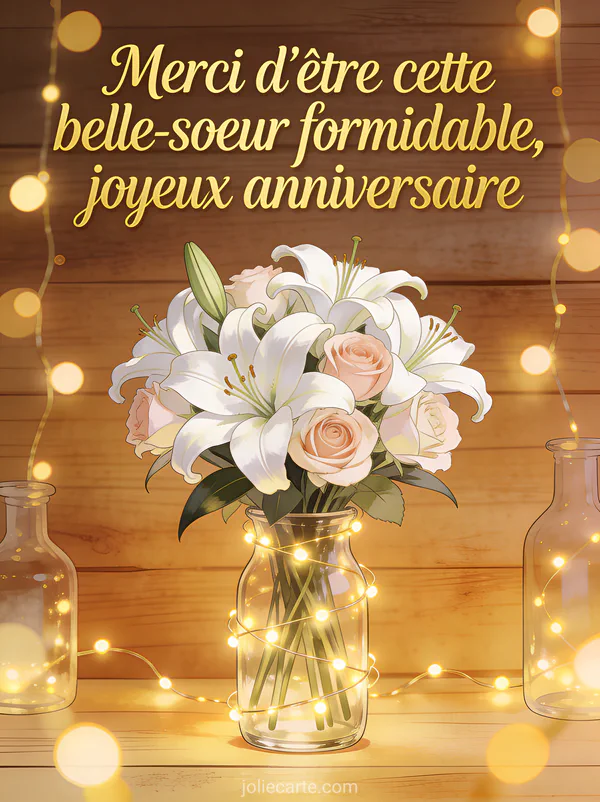 Bouquet de lys blancs et roses dans un vase en verre avec guirlandes lumineuses sur fond bois chaleureux