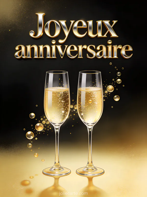 Deux flûtes de champagne pétillant avec bulles dorées sur fond noir élégant et le texte Joyeux anniversaire