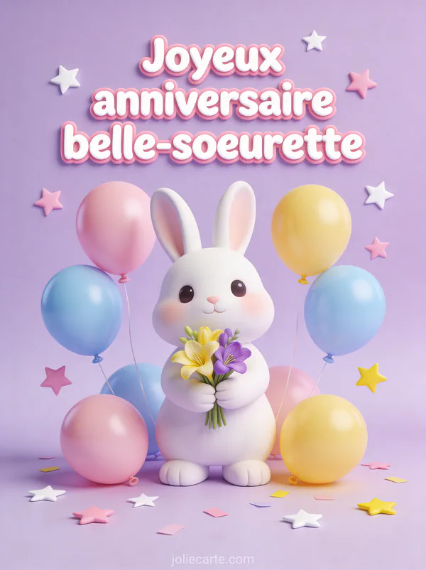Lapin blanc tenant un bouquet de freesias jaunes et violets entouré de ballons pastel et confettis étoilés