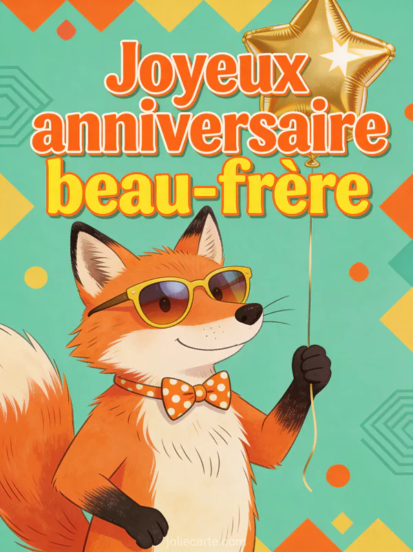 Carte anniversaire beau-frère humour avec renard roux lunettes de soleil noeud papillon et ballon doré