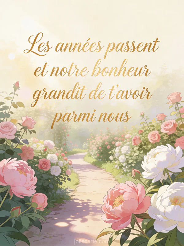 Jardin de pivoines roses et blanches baigné de lumière matinale avec le texte poétique d'anniversaire