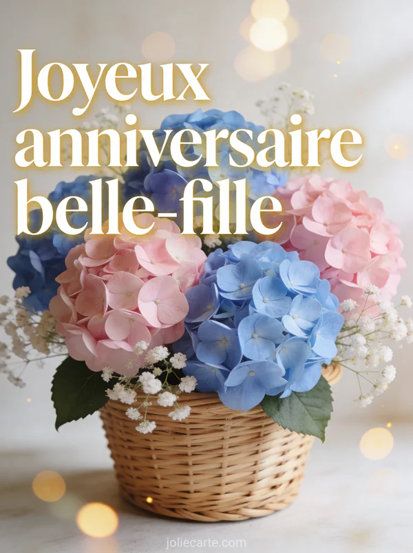 Bouquet d'hortensias bleus et roses dans un panier en osier avec gypsophile et le texte joyeux anniversaire belle-fille