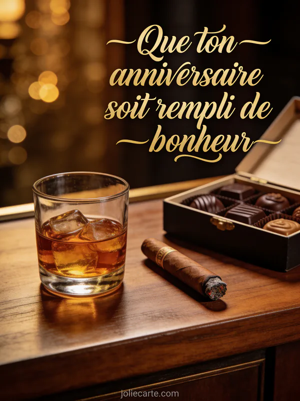 Carte message anniversaire beau-frère avec verre de whisky chocolats et cigare ambiance tamisée raffinée