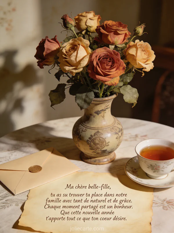 Table avec bouquet de roses anciennes vase vintage tasse de thé et enveloppe cachetée lettre anniversaire belle-fille