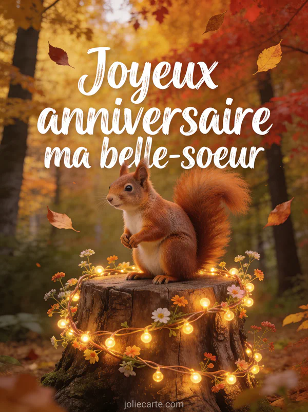 Écureuil roux sur souche décorée de guirlandes lumineuses et fleurs des champs dans une forêt automnale