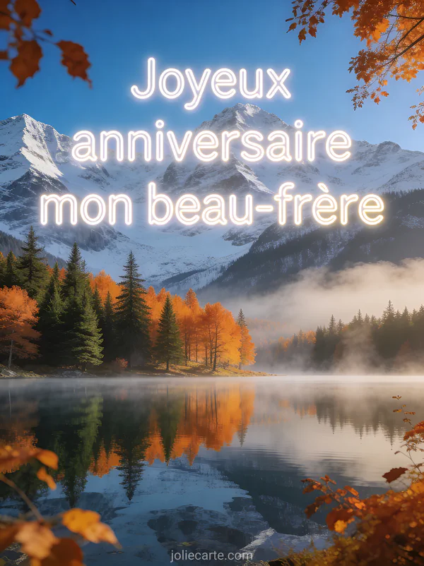Carte anniversaire mon beau-frère avec paysage montagne automnale lac miroir forêt dorée et brume matinale