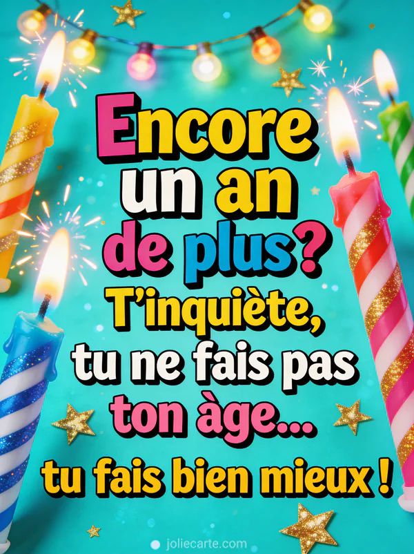 Bougies d'anniversaire géantes colorées avec étincelles et guirlandes lumineuses sur fond turquoise carte humour belle-fille