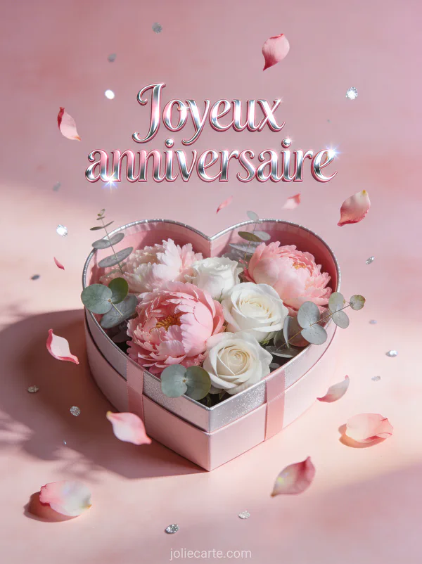 Pivoines roses et roses blanches dans une boîte cadeau en forme de cœur avec pétales qui s'envolent