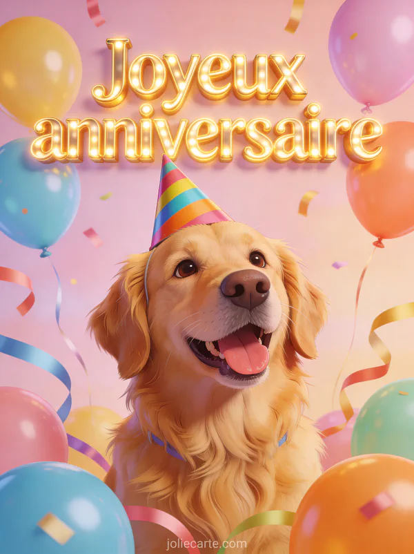 Chien golden retriever avec chapeau de fête entouré de ballons et serpentins et le texte Joyeux anniversaire
