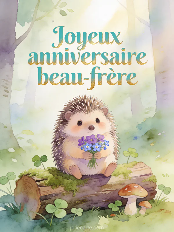 Carte anniversaire beau-frère avec hérisson tenant un bouquet de violettes et myosotis sur souche moussue